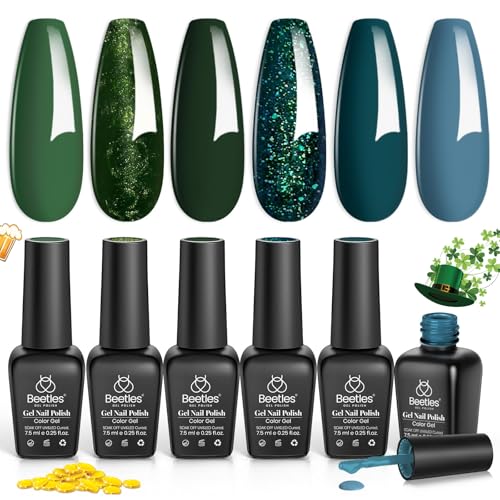 Image of Beetles Green Gel Nail Polish Set, 6 Colors Dark Green Teal Gel Polish | Boundless Forest Collection Soak Off Uv LED Needed Gel Nail Kit Home DIY Manicure Nail Salon