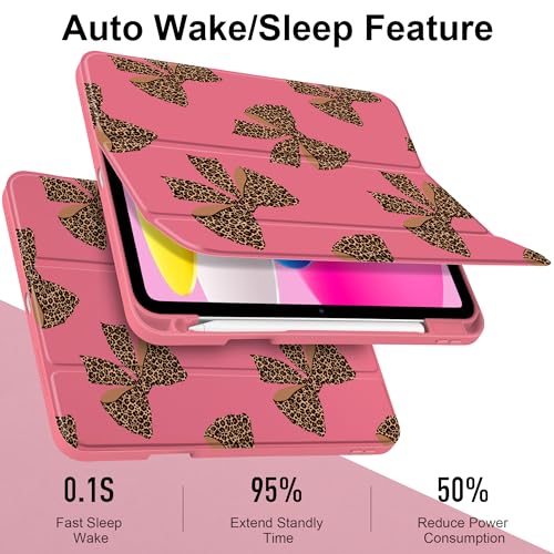 MEEgoodo Case for iPad A16 11th Generation 11 inch 2025/10th Gen 10.9 inch 2022, Cover with Transparent Acrylic Back Shell,Tablet Case with Pencil Holder+Auto Wake/Sleep+ Stand, Leopard Print Bows by MEEgoodo - Image 3