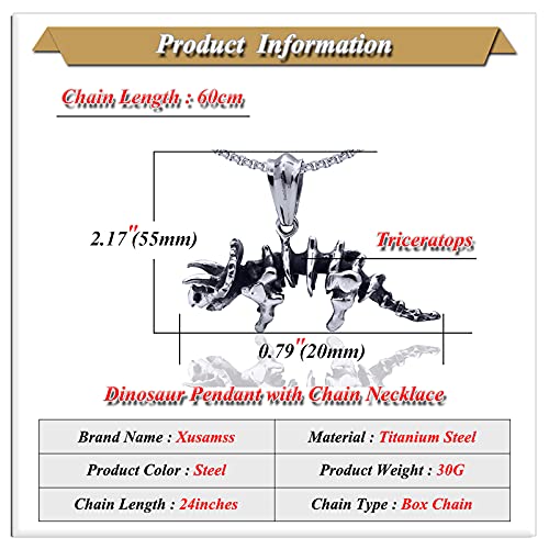 Xusamss Punk Rock Titanium Steel Dinosaur Skeleton Triceratops Pendant Necklace,24inches Chain2