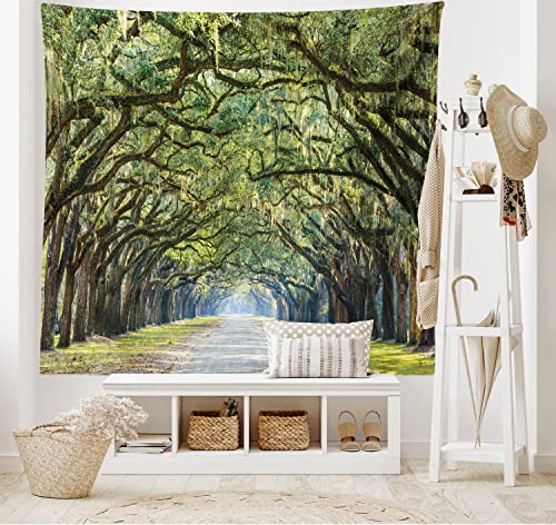 Ambesonne Forest Tapestry King Size, Tranquil Pathway Strong Spring Trees Serene Nature Trekking Theme, Wall Hanging Bedspread Bed Cover Wall Decor, 104