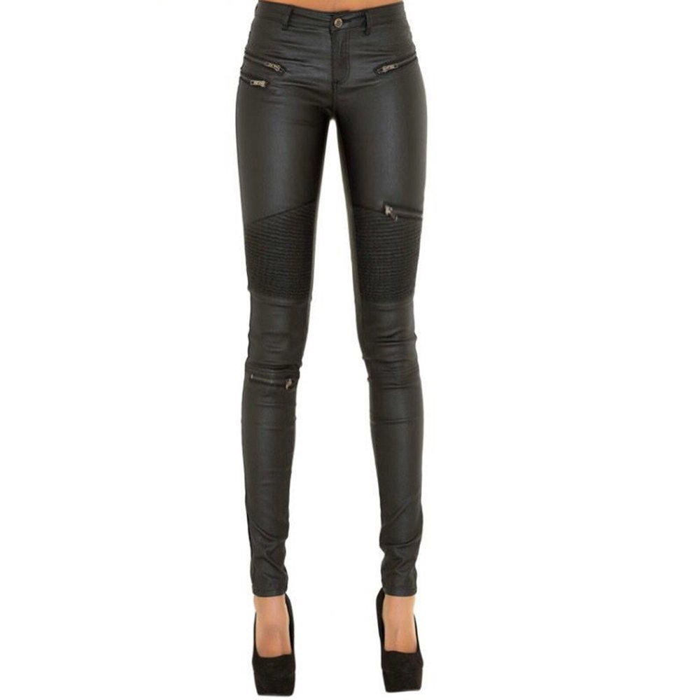 SHOWADAY Women's Sexy Stretchy PU Leather Slim Fit Rider Pants Skinny Leggings