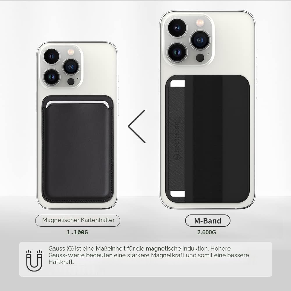 Sinjimoru Magnetischer Kartenhalter mit elastischem Fingerhalter, Handy Kartenetui mit weichem Band kompatibel mit MagSafe Wallet für iPhone 17, 16, 15, 14 & 13 Reihe. M-Band Schwarz