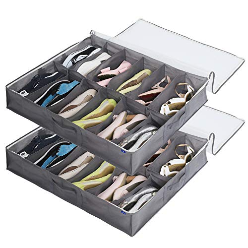 Surblue Under Bed Shoe Storage Organizer Underbed Shoes Closet Storage Solution 2 Metal zippers and 3 Handles with Clear Cover for Men's and Women's Shoes Fits 24 Pairs of Shoes， Set of 2, Grey