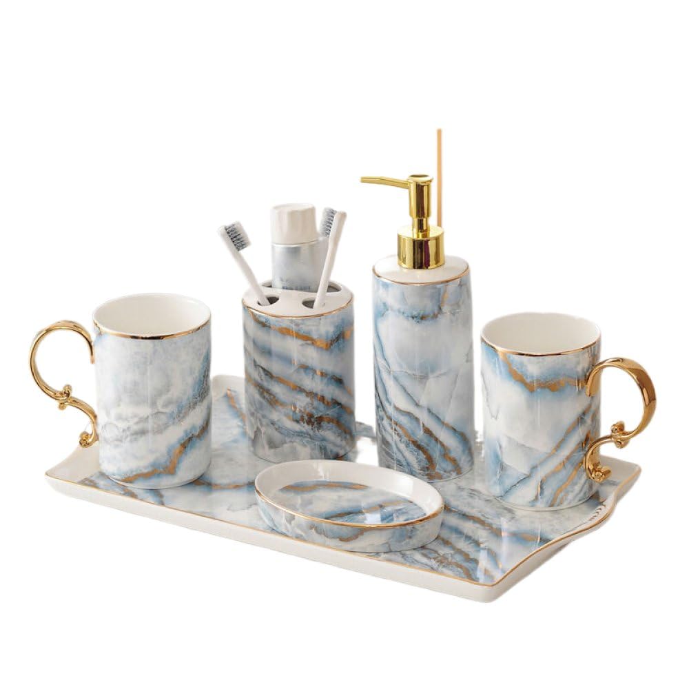 Luxuriöses Marmor-Badezimmerzubehör-Set, 5-teiliges Bad-Set mit Zahnbürstenhalter, Zahnputzbecher, Seifenspender und mattem Finish, elegantes Geschenk-Set für Badezimmer-Dekoration, Blau,