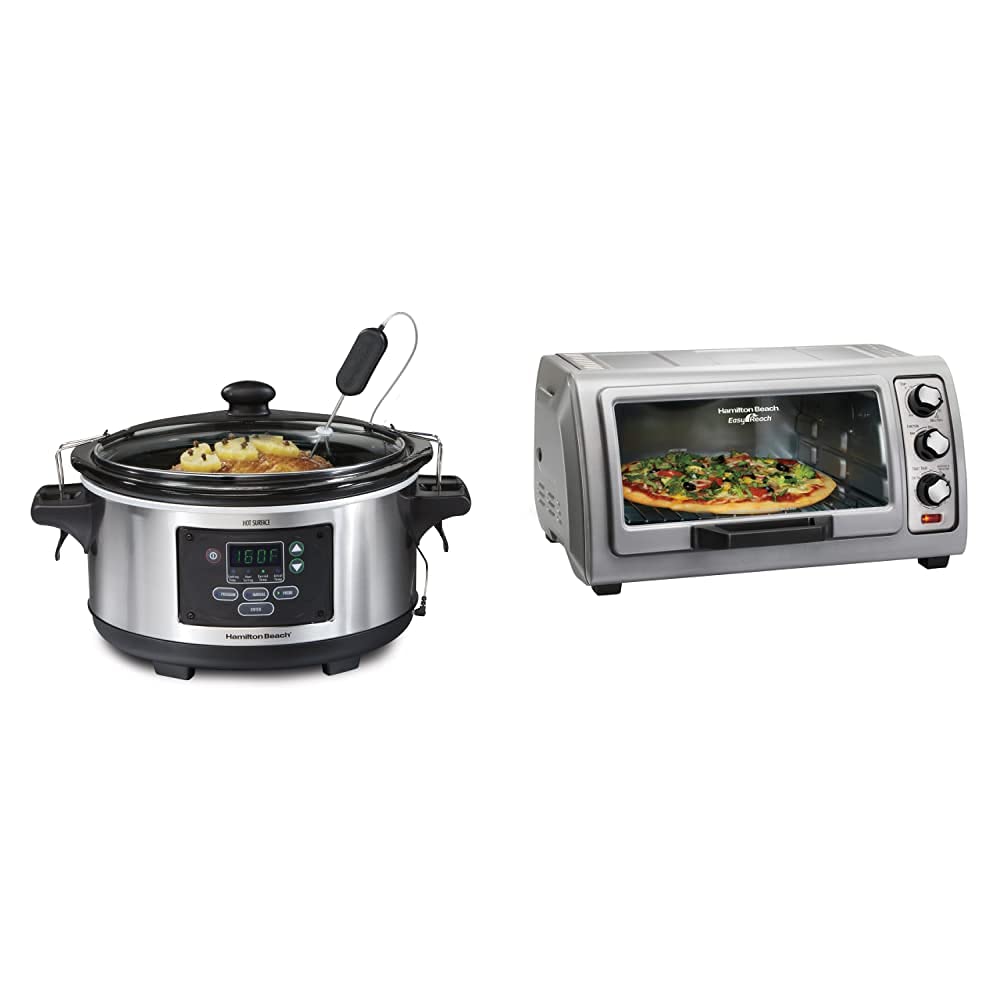 Hamilton Beach Portable 6-Quart Set Forget Digital Programmable Slow Cooker Lid Lock Stainless Steel 6-Slice Countertop Toaster Oven