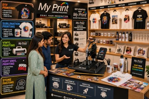 Image of MY PRINT | Heat Press 5 in 1 Digital Multi Functional | DTF PRINTING | Sublimation Printing | Vinyl Printing Machine for T-Shirts [Any Flat Product] with Cap Press, Plate Press, 11Oz Mug Press, with extra Mug Attachment | 12x15 Inch | For Business Supplies [Teflon Attached] (New Arrival 5in1)