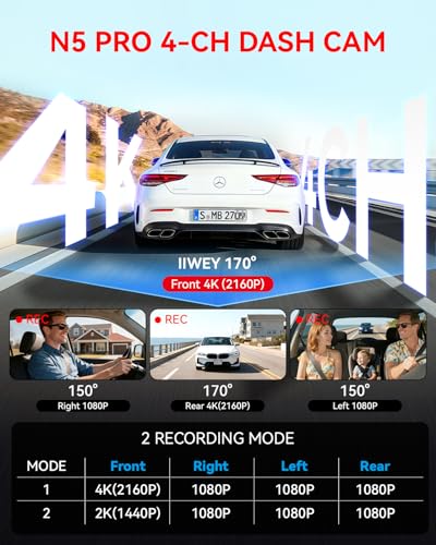 Image of N5 PRO 4K 4 Channel Dash Cam, 360 All-Around View, 1080P Rear and Inside, 5G WiFi 6 - Up to 10MB /s, Built-in GPS, 8 IR Night Vision, G-Sensor, 24H Parking Mode, Free 128GB SD Card Included