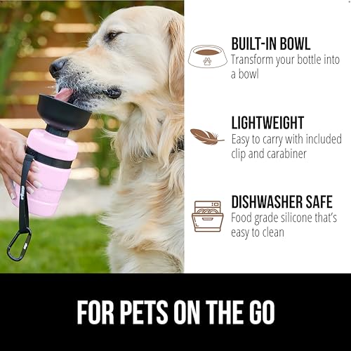 Image of GORILLA GRIP Dog Water Bottle, Portable Water Bowl Dispenser for Dogs, 12 oz Leak Proof Pet Travel Squeeze Bottles, Food Grade Silicone, to Go Puppy Essentials, Hiking Camping Trip Accessories, Pink