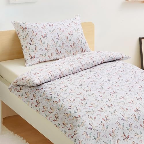 Amazon Basics Wendbarer Mikrofaser-Bettbezug für Kinder, 100 x 135 cm, mit 1 Kissenbezug (40 x 60 cm), Set für Babybett, Einhorn und Regenbogen