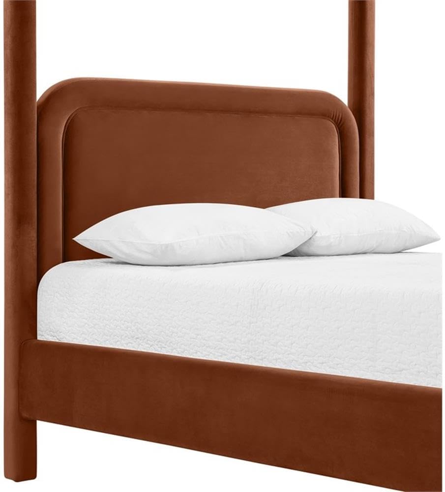 BOWERY HILL Contemporary Velvet Upholstered Queen Bed, Cognac Finish, 460 GSM Velvet, Canopy Style, Durable Construction, Includes Headboard, Side Rails, Footboard, Slats, Elegant Bedroom Furniture