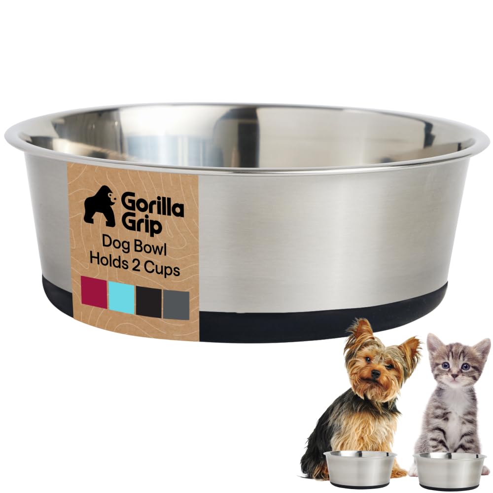 GORILLA GRIP Dog Bowl, Food Grade Stainless Steel Water Bowls, 2 Cup Black