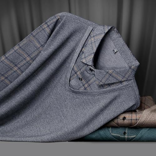 Men's Faux Two Piece Lapel Long-Sleeve Tops, Striped Lapel Fake 2-Piece Knitted Shirt, Fake Two Piece Shirt2