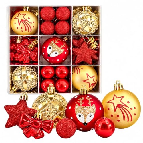 35 Piece Christmas Tree Ornaments Set Decorative Balls with Stars Bows and Reindeer Designs for Holiday Decor Red and Gold - image 1