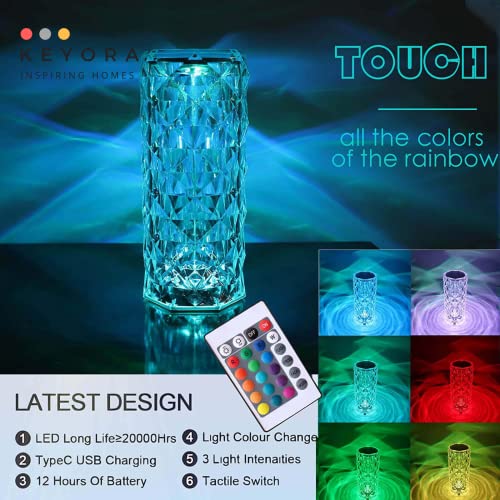 Image of KEYORA Crystal Lamp Touch Sensor Rose Diamond Rgb Light Table Lamp for Decoration of Room,Photography,Gift,Bedroom,Romantic(with Remote and USB Cable Rechargeable Light)