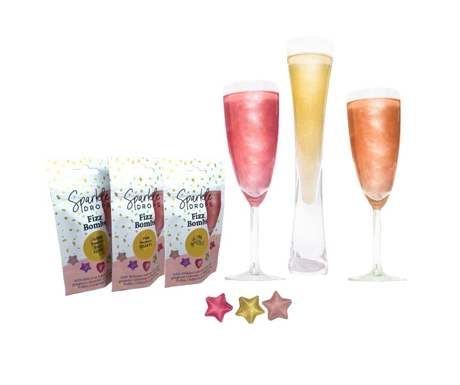 Sparkle Drops Shimmer Fizz Bomb Star Collection -Raspberry, Rhubarb & Passion Fruit For Drinks, Gin, Cocktails, Sparkling Wine And Prosecco