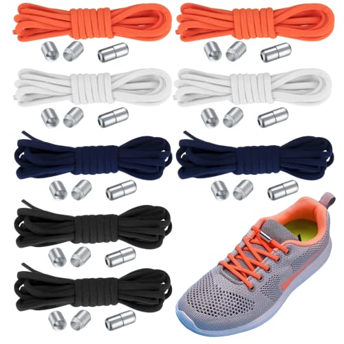 Kigniote 8 Paires Lacets Élastiques ,Lacets sans Noeuds avec Capsules Métalliques, Lacet Universel Adaptés aux Chaussures de Sport,Course, Chaussures Tout-aller(Noir&Blanc& Bleu Marine&Orange) Cover