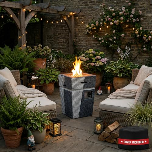 Modern Stone Gas Fire Pit and Fire Bowl Garden Patio heater with Hose Regulator and Cover (Grey)