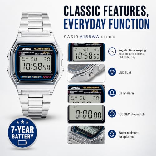 Casio A158WA Series | Unisex Digital Watch | Silver/Black | Vintage | WR | 100 SEC Stop Watch | Daily Alarm | Regular Time Keeping: Hour, Minute, Second, PM, Date, Day | Led Light | 7 Yr Battery - image 4