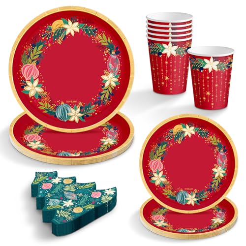 OH YEAH - Kit Vajilla Navidad 6 Personas Ornaments - 38 Piezas - Platos, Vasos, y Servilletas Desechables - Temática Navideña - Cenas Navideñas, Reuniones Familiares y Fiestas de Fin de Año