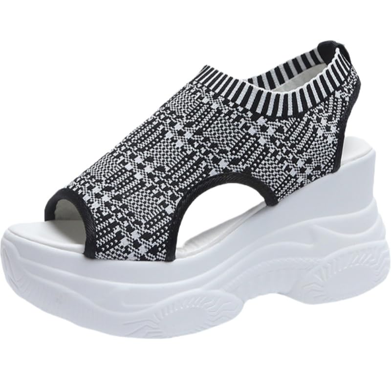 Women's Solid Color Casual Sandals, Platform Elastic Soft Sole Knitted Walking Shoes, Heightening
