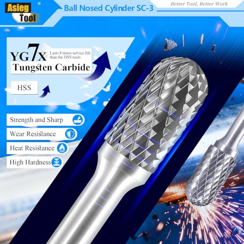 Image of SC-3 Tungsten Carbide Burr Rotary File Cylindrical Ball Nose End Shape Double Cut for Die Grinder Drill Bits 1 /4'' Inch Diameter of Shank and 3 /8'' Inch Diameter of Cutter 3 /4'' Inch Cutter Length