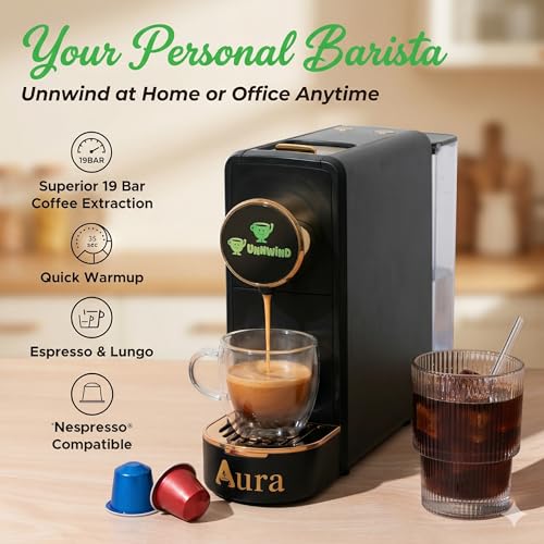 Image of Aura Coffee Pod Machine 19 Bar Espresso Maker, Nespresso Compatible Coffee Machine for Espresso, Cappuccino Coffee, Quick Pod Coffee Maker, Compact Black