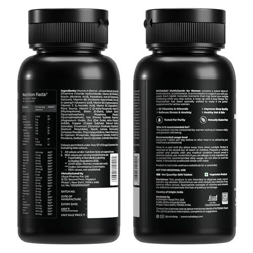 Image of Nutrabay Pro Active Multivitamin for Women - Effective Doses of Iron, Vitamin A, B5, B6, C, D, E & K and Minerals - Immunity, Hair, Skin & Bone Support - 60 Tablets | 100% RDA Dosage | Purity Tested