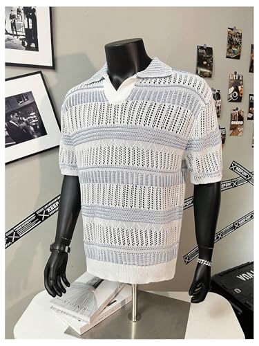 GORGLITTER Men's Striped Short Sleeve Open Knit Sweater Hollow Out Collar Top Knitwear Tops4