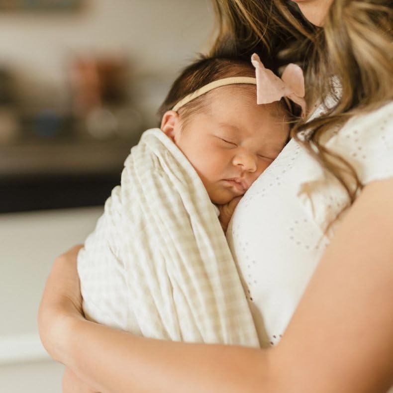 Image of Little Unicorn Premium Stretch Knit Swaddle Blanket | Super Soft with Optimal Stretch & Breathability for swaddling (Tan Gingham)
