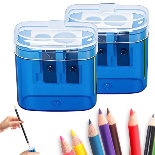 Pencil Sharpeners Handheld Pencil Pharpener with Lid 2 Holes Mini Compact Colored Pencil Sharpener Manual for Classroom Back to School Home & Office Sacapuntas de lapiz (Blue 2PCS)