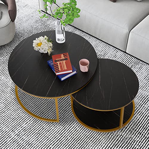 Image of NSdirect Nesting Coffee Table Set of 2,Round Coffee Tables Modern Circle Table for Living Room Accent End Side Table with Storage Open Shelf Faux Marble Wood Top & Gold Sturdy Metal Frame(Black&Black)
