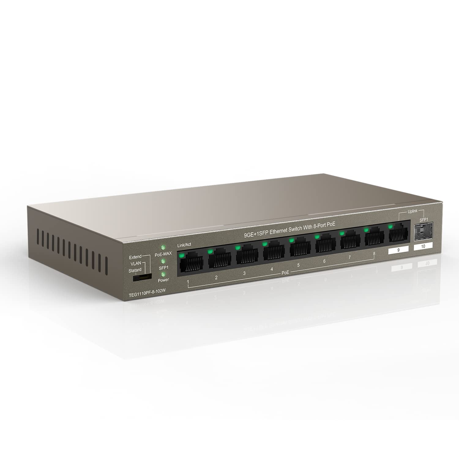 Tenda Switch PoE a 10 porte Gigabit Ethernet LAN con 8 porte PoE+, 1 porta uplink e 1 porta SFP (92 W, VLAN, portata fino a 250 m, switch di rete IEEE-802.3af/at, Plug and Play) (TEG1110PF-8-102W)