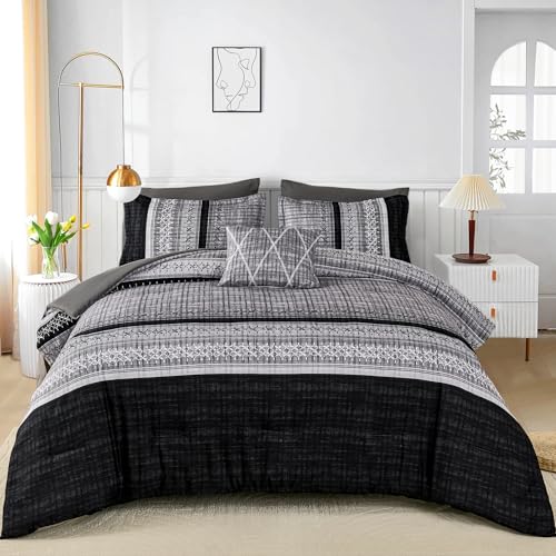 Image of Dintszyayue Black Comforter Set Queen Size, 8 Pieces Boho Striped Bed in a Bag Soft Microfiber Bedding Set for All Season