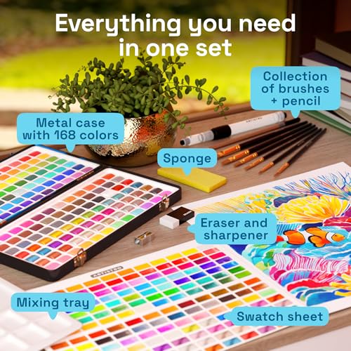 Image of ARTISTRO Deluxe Watercolor Paint Set with 168 Colors - Vivid Colors in a Portable Box - Travel Watercolor Set with Complete Palette