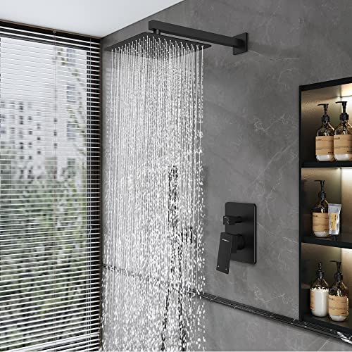 All Matel Shower System With High-Pressure 12" Rain Shower And Handheld Shower Head - Modern Bathroom Shower Fixtures With Anti-Clog Nozzles - Shower Faucet Set With Shower Valve, Matte Black #TOP2