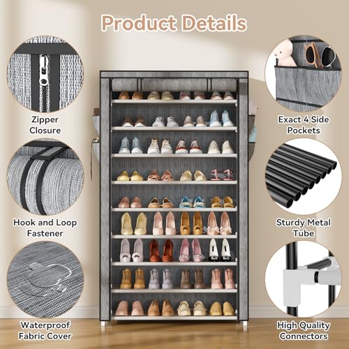 Image of LANTEFUL Shoe Rack with Covers 10 Tier Tall Shoe Rack Organizer Large Capacity Shoe Shelf Storage 40 Pairs Space Saving Free Standing Shoe Storage Organizer for Closet, Entryway, Dorm, Printing