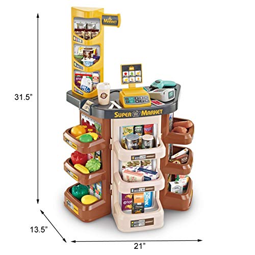 Pomobie Kids Role Play Supermarket Stall Toy Set, Children Superstore Grocery Play Shop with Scanner and Shopping Trolley of Vegetables, Fruits, Food, Cart Accessories, Best Gift for Boys and Girls
