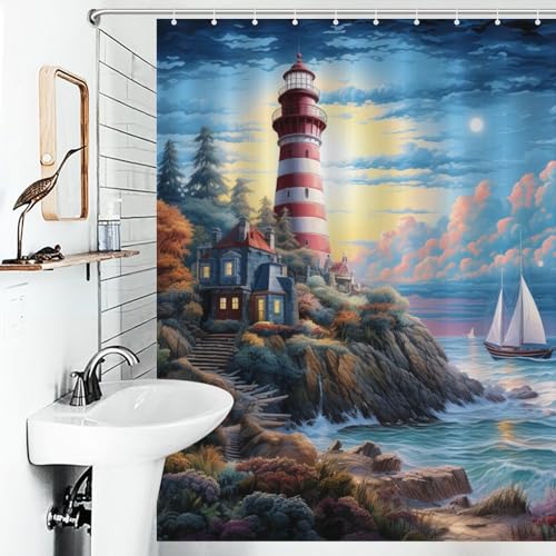 Rideau de douche phares côtiers tissu polyester lavable baignoire - 6