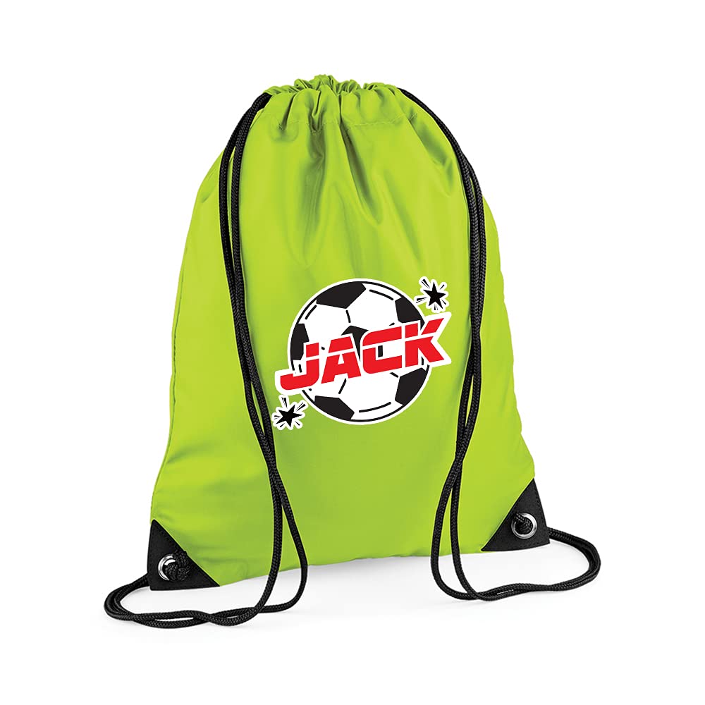 Personalised Back to School, Football/Soccer Ball Fan, Sports Player Kick Off Goal Score Gift for Boy Toddler Drawstring Bag, PE Gym Kit School, Swimming, PE Kids Sport Rucksack. (Lime Green)
