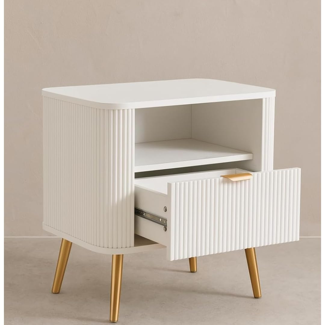 Wooden Solid Bedside Table, White, 16 x 14 x 18 Inch | 1 Drawer & Open Shelf Storage, HDMR Premium Wood & Iron Legs, Nightstand Lamp Table, For Bedroom, Home & Hotels-picture-16