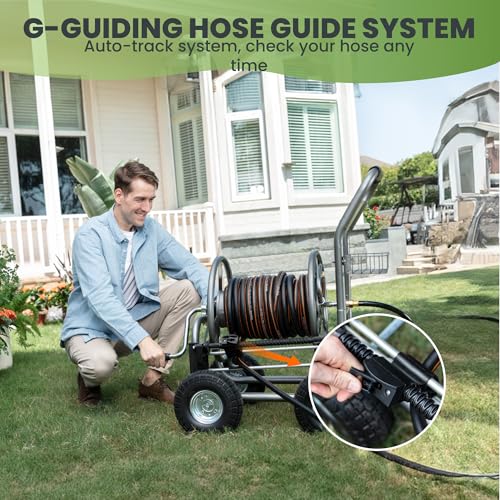 Giraffe Tools Hose Reel Cart, Hose Cart with Wheels Heavy Duty, Industrial Hose Reels for Outside, 250-Feet of 5/8" Hose Capacity, Hose Guide Pre-Installed, Grey