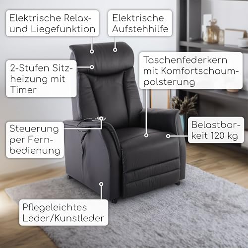 Raburg Fernsehsessel mit Aufstehhilfe & Liegefunktion, Relaxsessel mit Sitzheizung, 2 Motoren separat verstellbar, Fernbedienung, Taschenfederkern, Leder/Kunstleder – Schwarz | EOS 2 – Bild 5