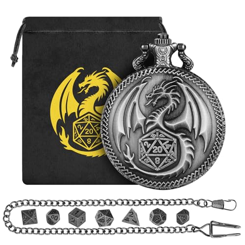 Mini DND Dice Set with Steampunk Dragon Pocket Watch Case, Tiny 7-Piece Polyhedral Metal D&D Dice, DND Gifts with Dragon Logo Gift Bag, Role Playing Game Board Game Accessories Dice, Silver