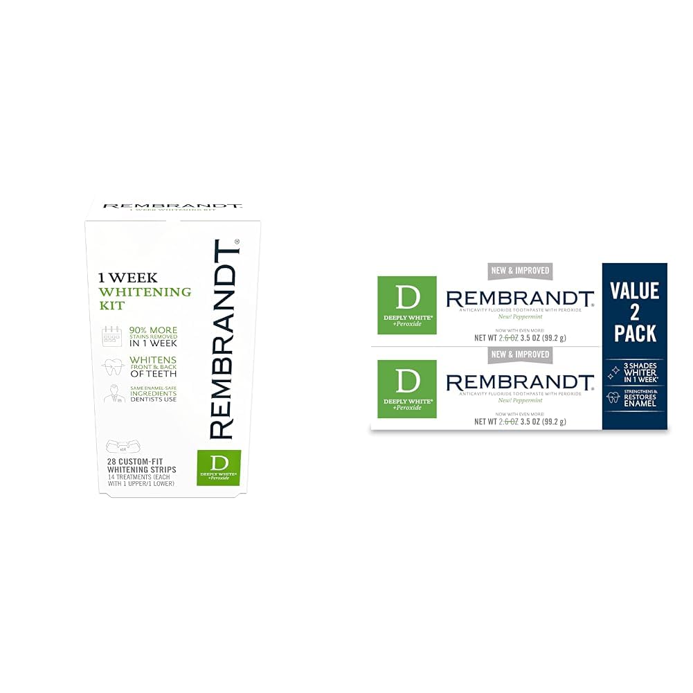 REMBRANDT 1 Week 14 Treatment Custom-Fit Whitening Strips + Peroxide Whitening Toothpaste, Removes Tough Stains, Enamel-Safe