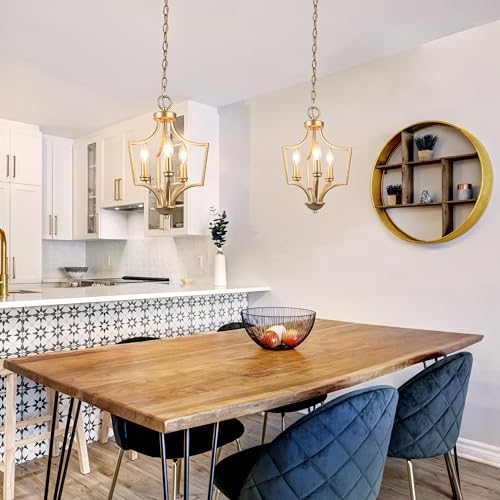 Image of KSANA Gold Pendant Lights Kitchen Island, 3-Light Small Modern Farmhouse Pendant Lighting, 11'' Geometric Lantern Pendant Chandeliers Light Fixture for Dining Room, Bedroom, Entryway