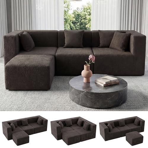 Image of MONVANE 103'' Modular Sectional Sofa, Comfy Teddy Velvet Cloud Couch with Ottoman, Modern Convertible L Shaped Couch with Deep Seat, Sectional Couches for Living Room, Bedroom and Apartment, Brown