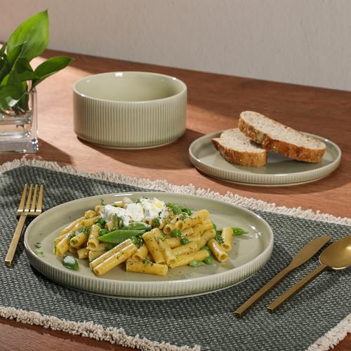 Image of Gibson Elite Solana Coast 12 Piece Stoneware Reactive Glaze (Service for 4) Ceramic Plates and Bowls Modern Shape Embossed Dinnerware Set - Green