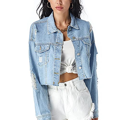 HHKLSF Veste courte en jean pour femme, couleur claire et déchirée Cover