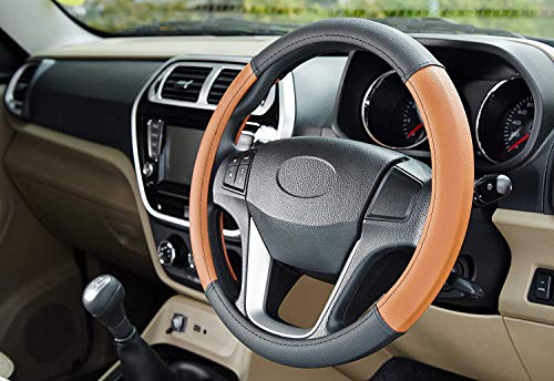 Image of Auto Oprema Car Dual Tone Steering Wheel Cover - Leather, Breathable, Anti Slip (Black-Tan) Customise Fitting for e-Verito
