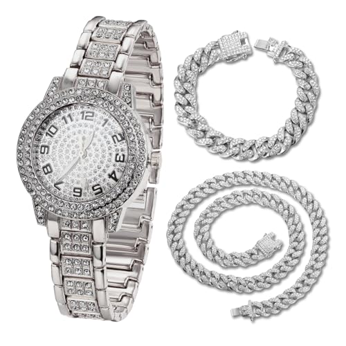 Image of Halukakah Diamonds Watch Iced Out for Boy Teens Kids - 18K Real Gold /Platinum Plated,Arabic Numerals Round Dial,Japanese Quartz - 7.7 inch Length - Optional with Cuban Link Chain - for Birthday,Parties